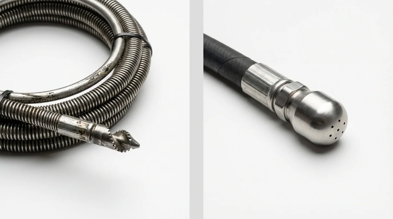 Drain snake cable and hydro jetting nozzle used for drain cleaning in Fairfax, CA
