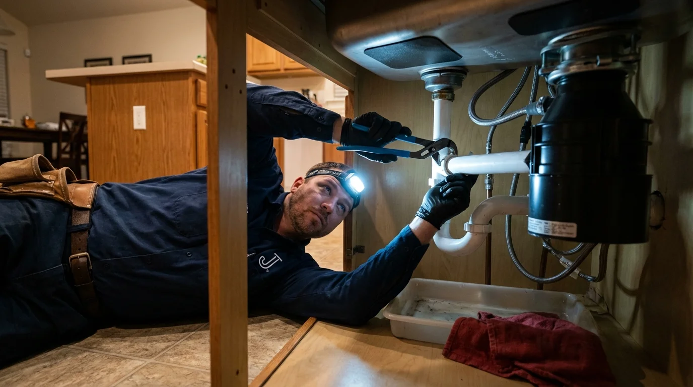 P-trap and supply line connections under a kitchen sink showing a common leak point in Fairfax, CA